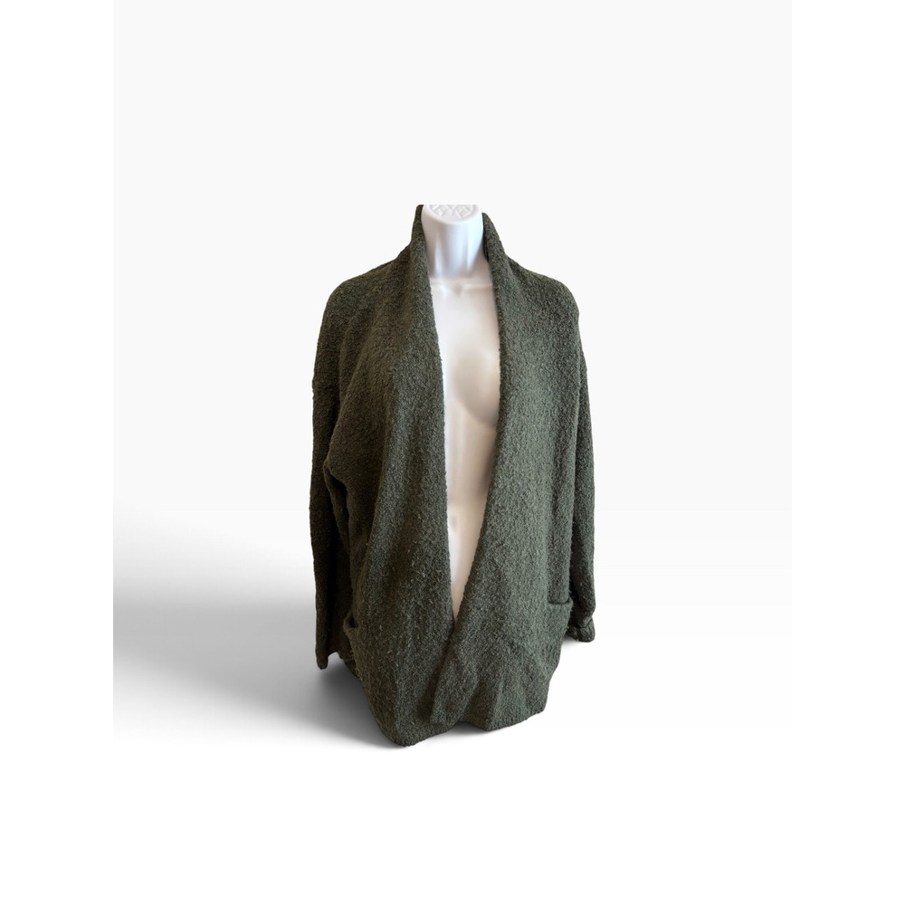 Pure Jill Cardigan Large Cozy Green Boucle Wool Blend Open Front Pockets Cozy
